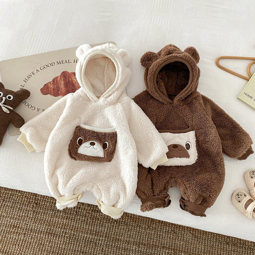 Baby Unisex Long Sleeves Animals Cartoon Pattern Pocketed Rompers